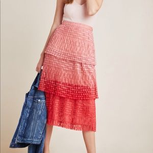 Anthropologie Maeve pink and red ombre tiered maxi skirt